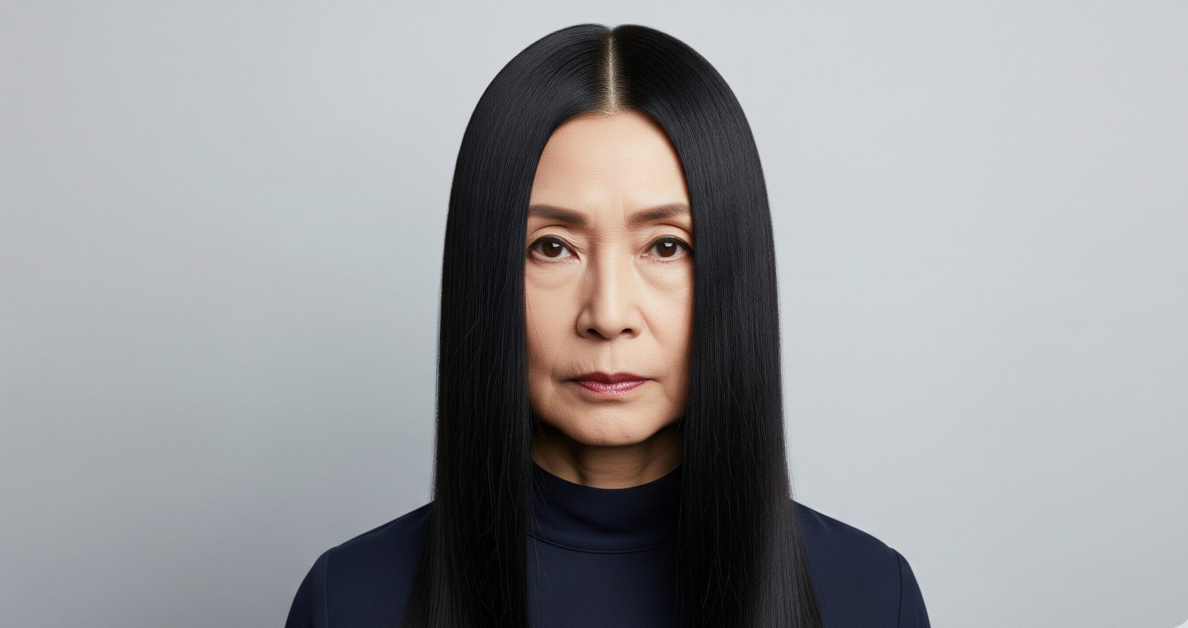 動きがなく重たい印象を与える、60代女性のIラインシルエットのロングストレートヘア