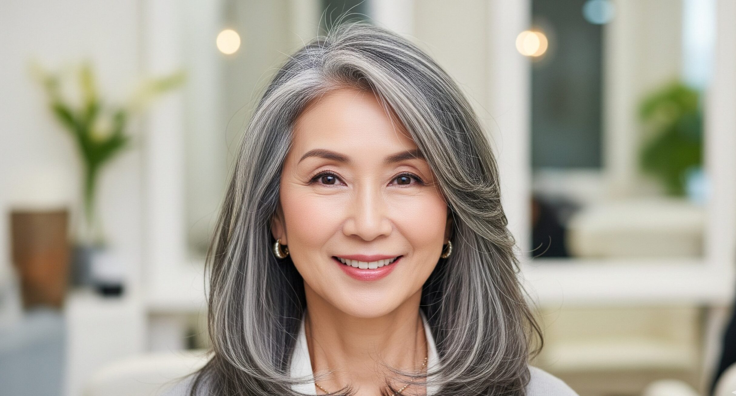 ハイライトを使って白髪を自然に馴染ませ、立体感を出している60代女性の「白髪ぼかし」ロングヘア。