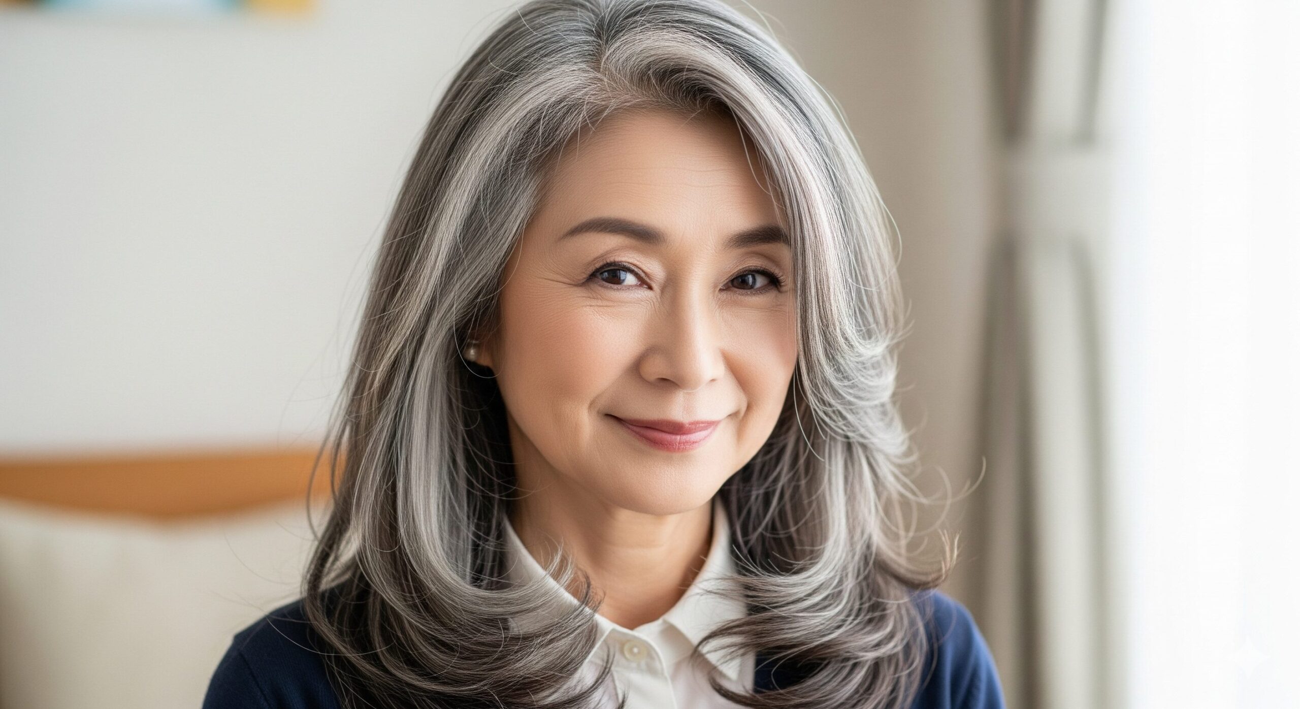 ゆるいパーマをかけて、根元のボリュームと毛先の柔らかい動きを演出した60代女性のロングヘア。