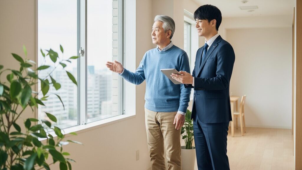 不動産会社の担当者と共にUR賃貸住宅の部屋を内見している60代の日本人男性。男性は窓の外を指差し、担当者はタブレットを手に説明している