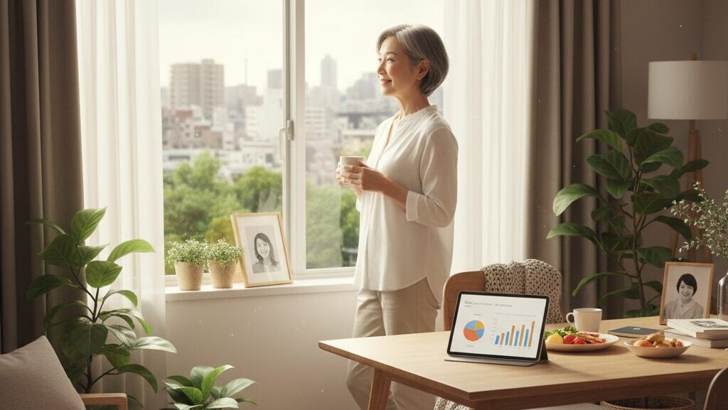 窓から外を眺めながらコーヒーを飲む60代の日本人女性。テーブルにはタブレット端末があり、グラフが表示されている。明るく整理されたリビングダイニングで、植物や写真が飾られている