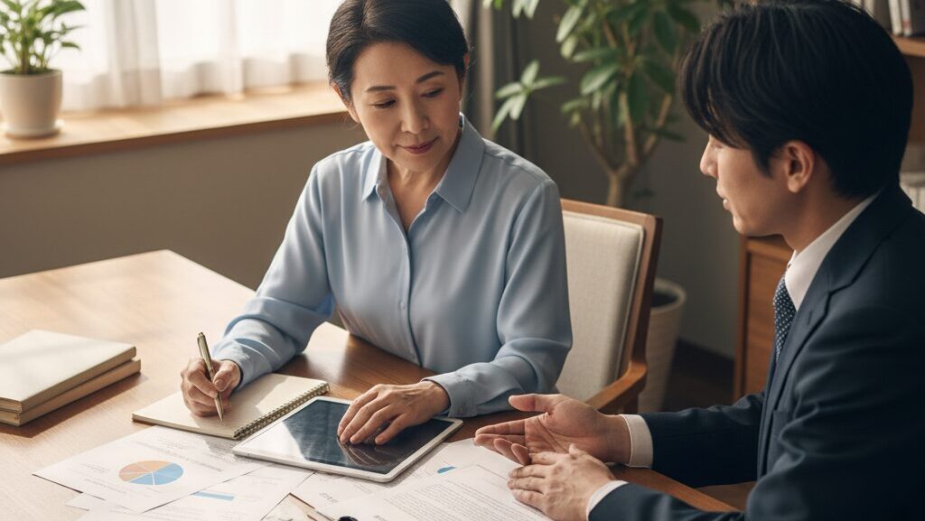 専門家と面談し、書類やタブレットを見ながら離婚後の生活設計について相談する60代の日本人女性。テーブルには電卓や資料が広げられている