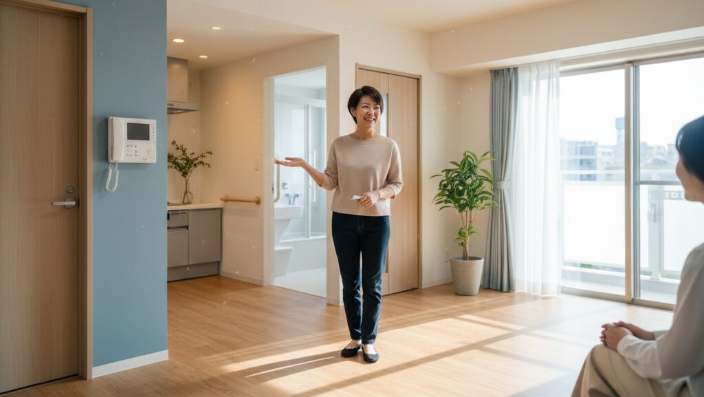 明るく広々としたバリアフリー設計の部屋で、知人に説明する60代の日本人女性。モニター付きインターホンが設置されており、奥には手すりのある浴室が見える