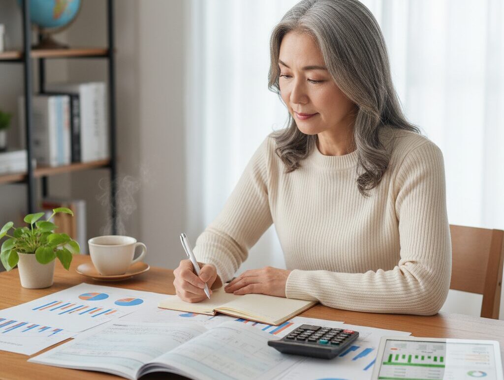 自宅で家計簿をつけ、資金計画を立てる60代の日本人女性。テーブルには電卓、グラフ資料、タブレット、コーヒーが置かれている。