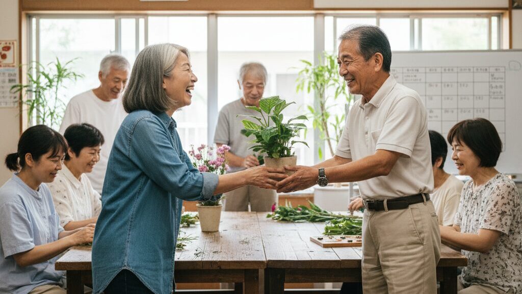地域コミュニティのイベントで笑顔で植物を交換する60代の日本人男女。他の参加者もテーブルを囲んで交流を楽しんでいる