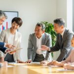 60代の日本人男女が、明るいオフィスの会議室でいきいきと意見交換をしている様子