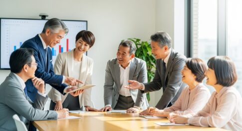 60代の日本人男女が、明るいオフィスの会議室でいきいきと意見交換をしている様子