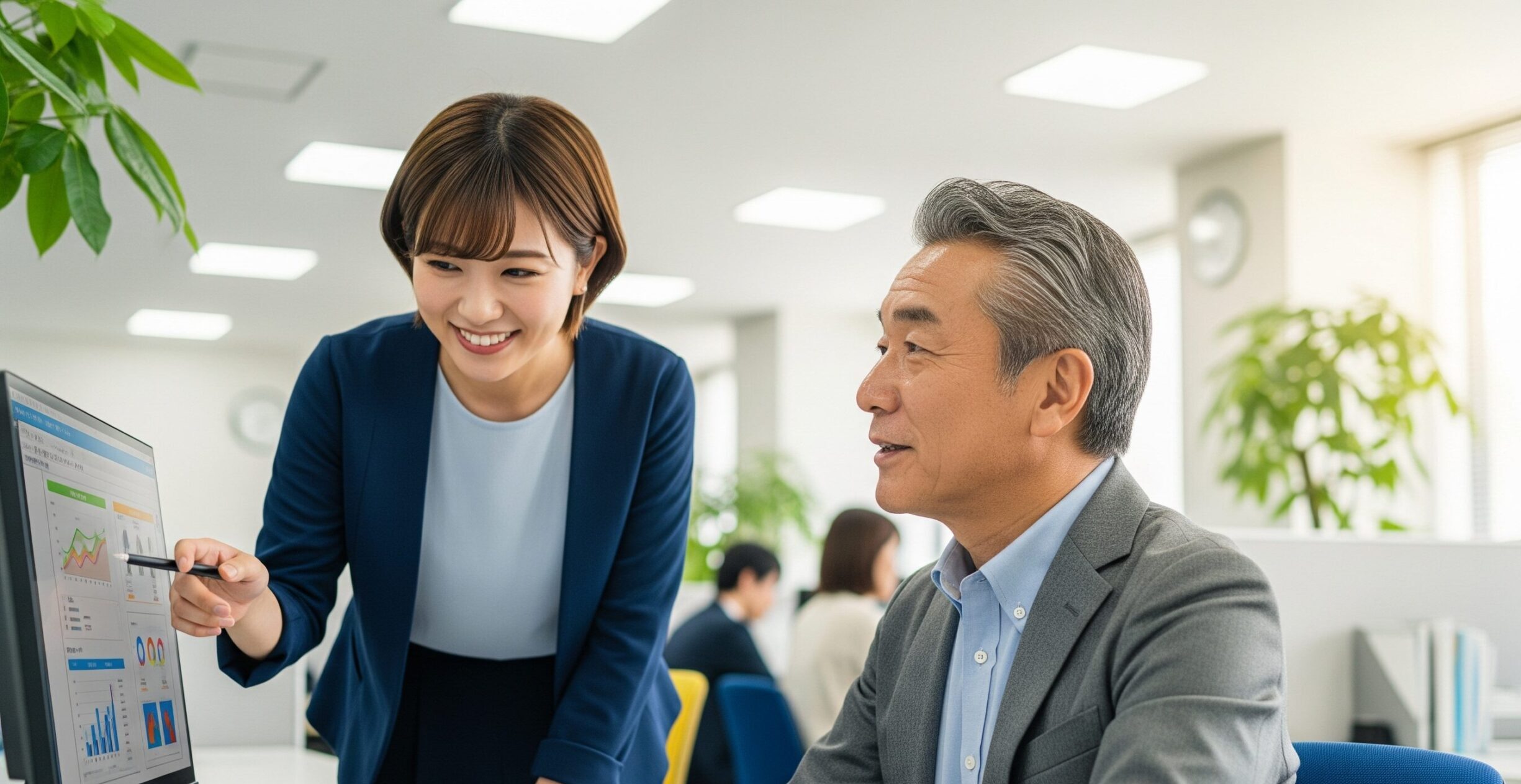 若い日本人女性社員が、60代の日本人男性社員にパソコン画面を見せながら丁寧に教えている