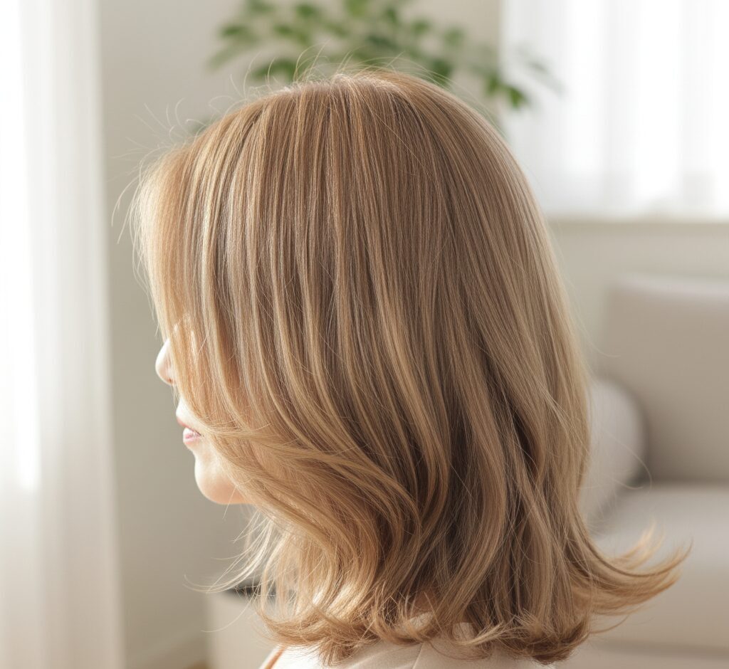 光を受けてツヤやかに輝く60代女性のミルクティベージュの髪のクローズアップ