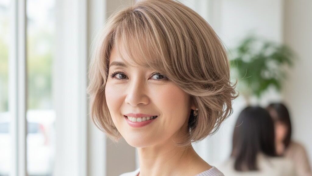 ミルクティベージュのヘアカラーが似合う、動きのあるショートヘアの60代日本人女性