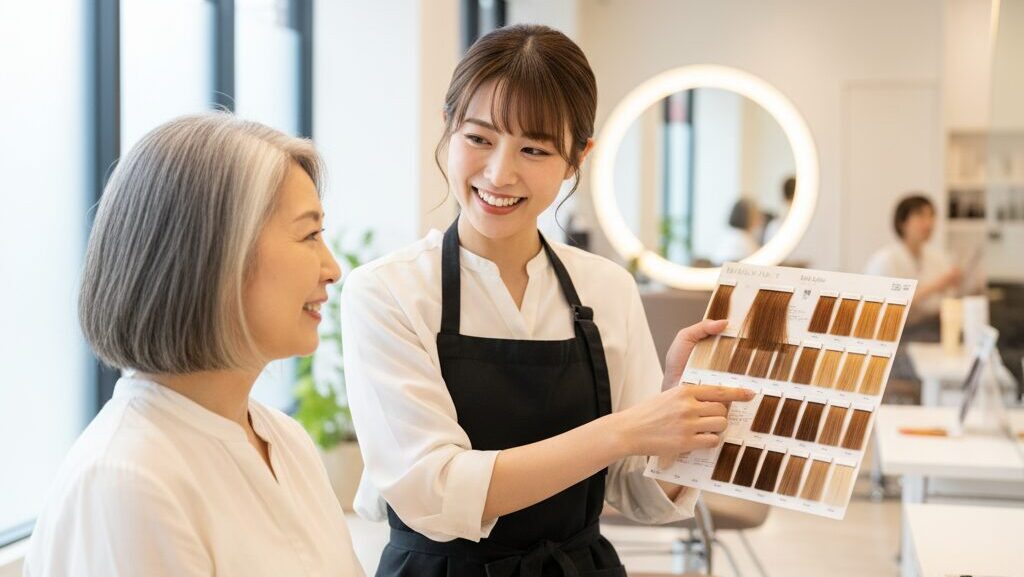 60代の女性客が美容室で、女性美容師とヘアカラーについて丁寧にカウンセリングを受けている