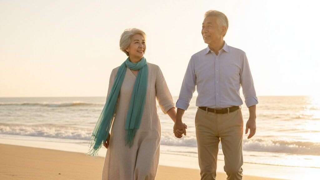 夕暮れのビーチを笑顔で手をつなぎながら散歩する60代の再婚カップル