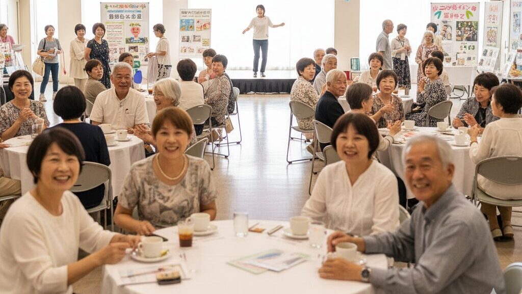気あるシニア交流イベントの会場で、多くの60代参加者が笑顔で談笑している様子