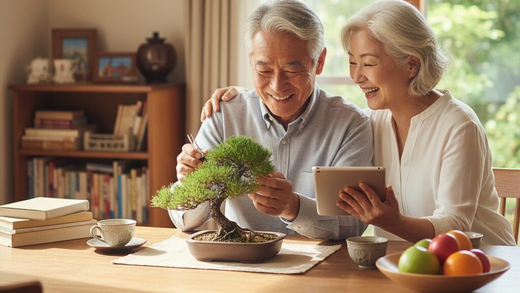 明るいリビングで、仲睦まじい60代の夫婦が盆栽の手入れをしている