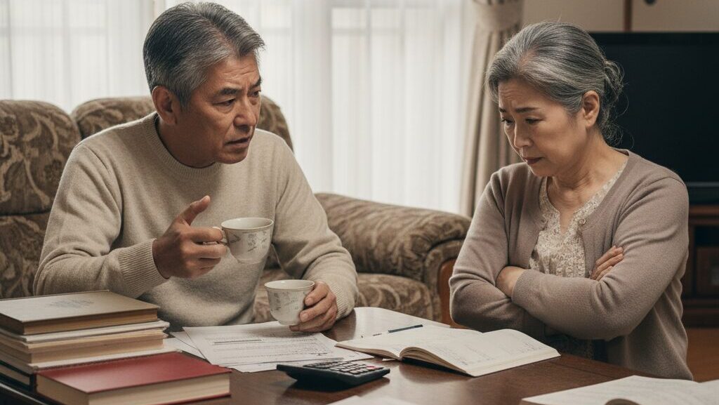 リビングで、60代の夫婦が真剣な表情で書類を広げ、話し合っている