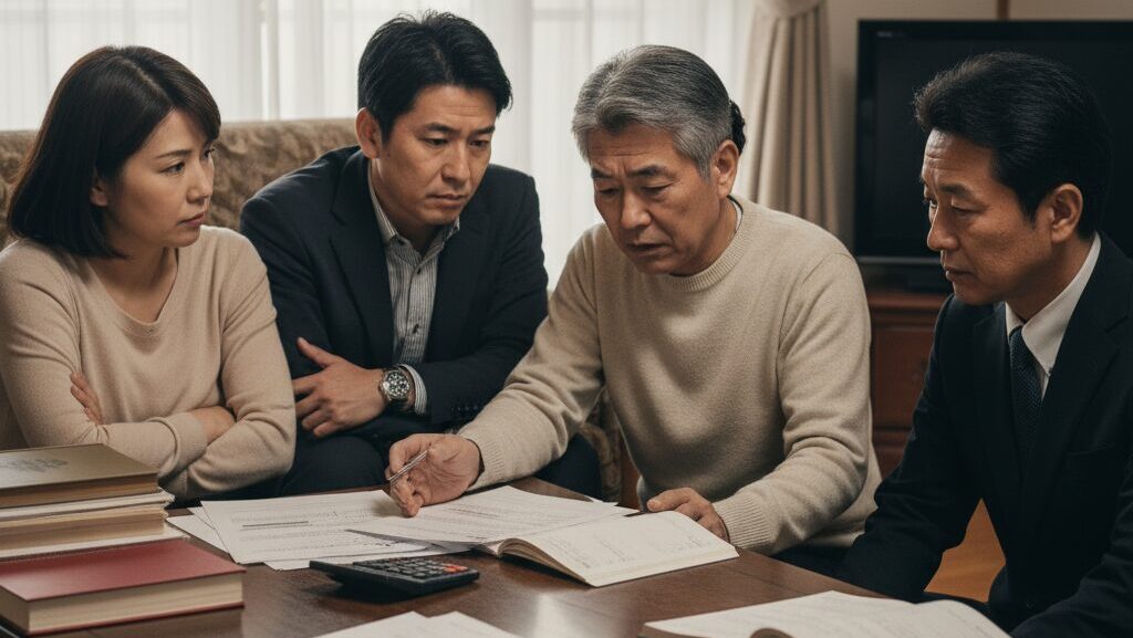 リビングのローテーブルを囲み、60代男性とその子供たち、そしてスーツを着た専門家が相続に関する書類を見ながら真剣に話し合っている