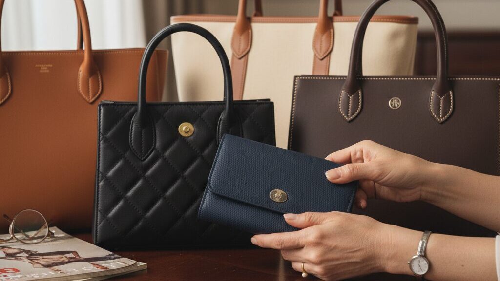 上品な色合いのスーツを着た60代の日本人女性が、笑顔でハイブランドのハンドバッグを持っている様子。洗練された雰囲気とエレガントな装いが特徴的