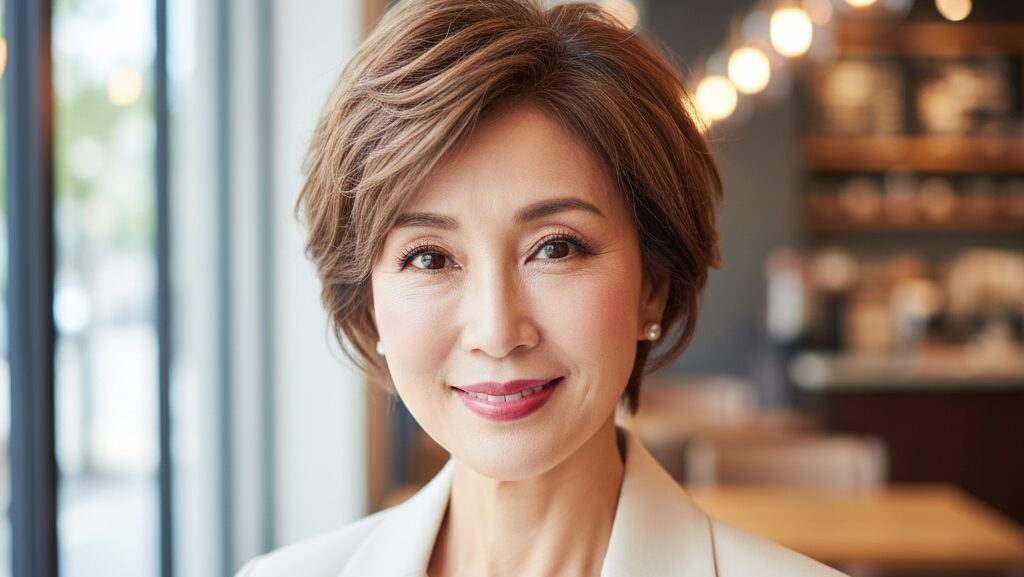 自然なツヤと血色感のあるメイクで若々しく見える、ふんわりとしたショートヘアの60代の日本人女性