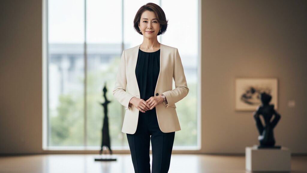 背筋を伸ばし、堂々と美しい姿勢で立つ60代の日本人女性の全身像