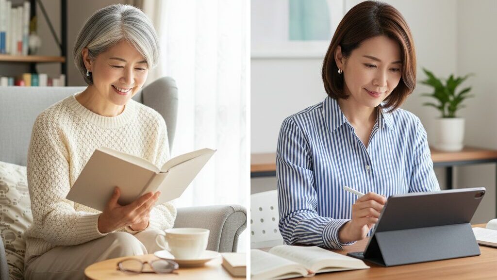 読書を楽しむ60代の日本人女性と、タブレットで新しい知識を学ぶ60代の日本人女性