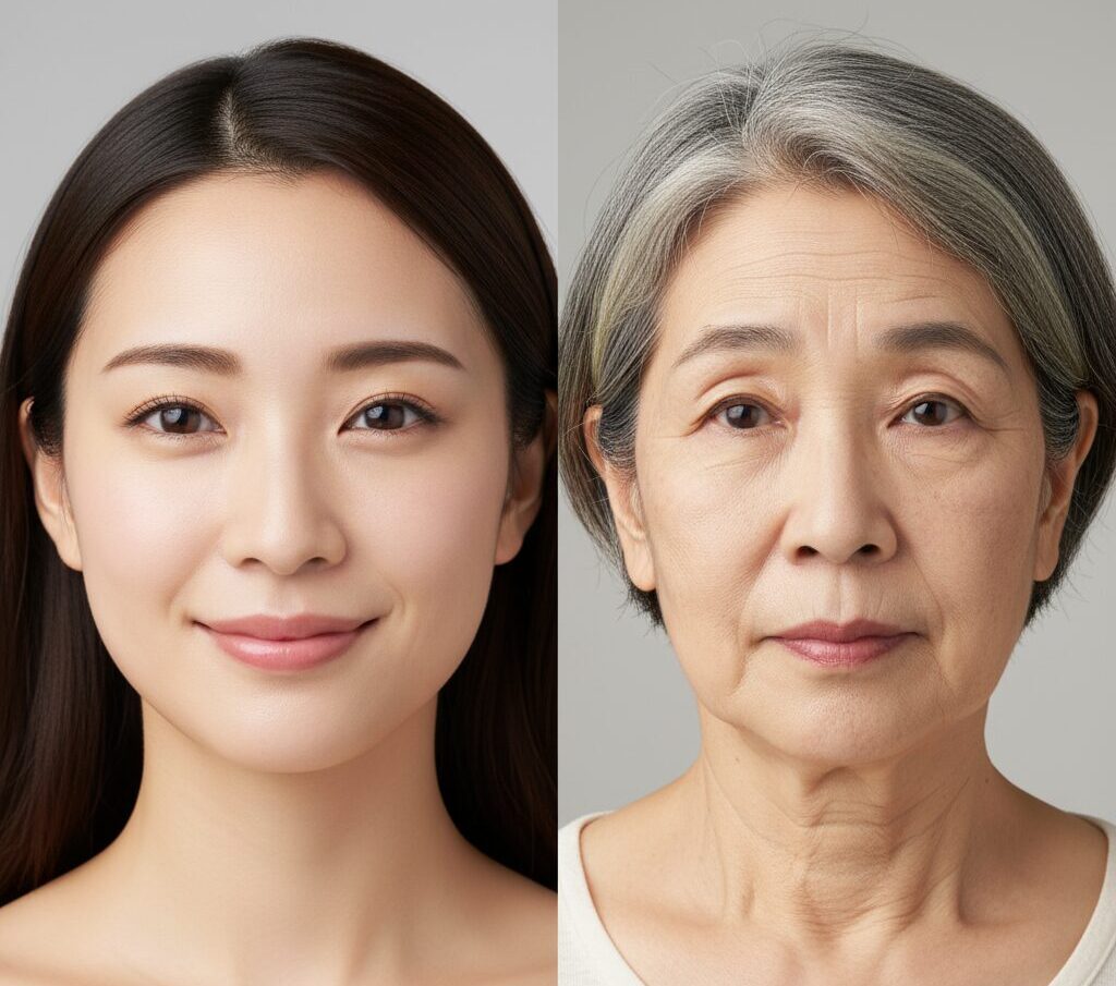若い女性の顔と、たるみやシワ、シミが目立つ60代女性の顔を比較した画像