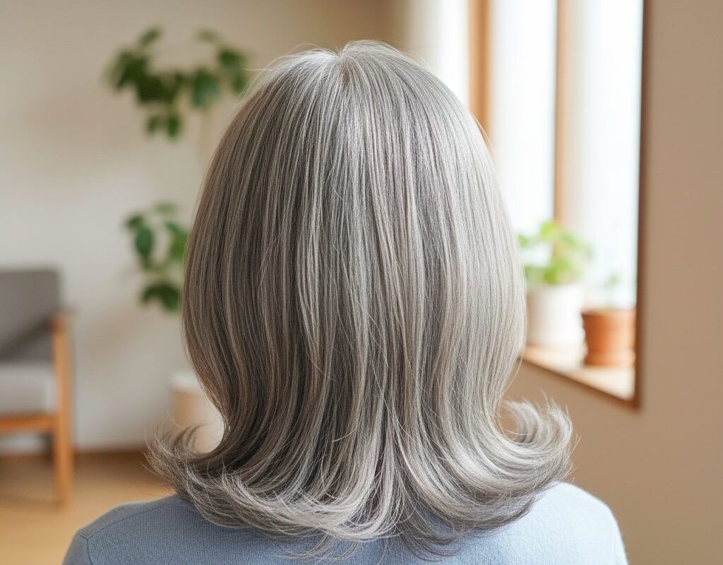 酸性ストレートによって自然なツヤとまとまりを取り戻した60代女性の美しい髪の後ろ姿