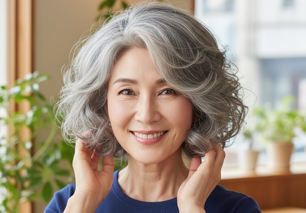 エイジングうねりを活かした、ふんわりと華やかなパーマボブスタイルの60代女性