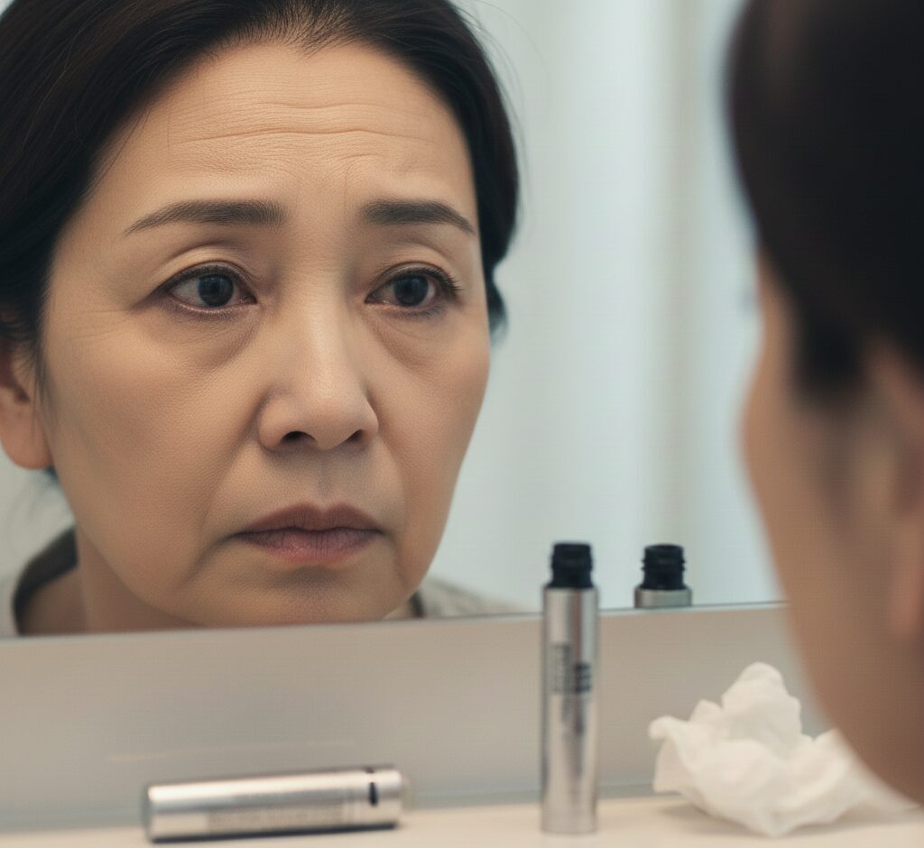 加齢によるたるみでマスカラが滲んでパンダ目になってしまった60代日本人女性の目元