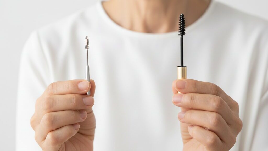 60代の短く細い睫毛に最適な、小回りの利くコンパクトブラシと円錐形ブラシの比較