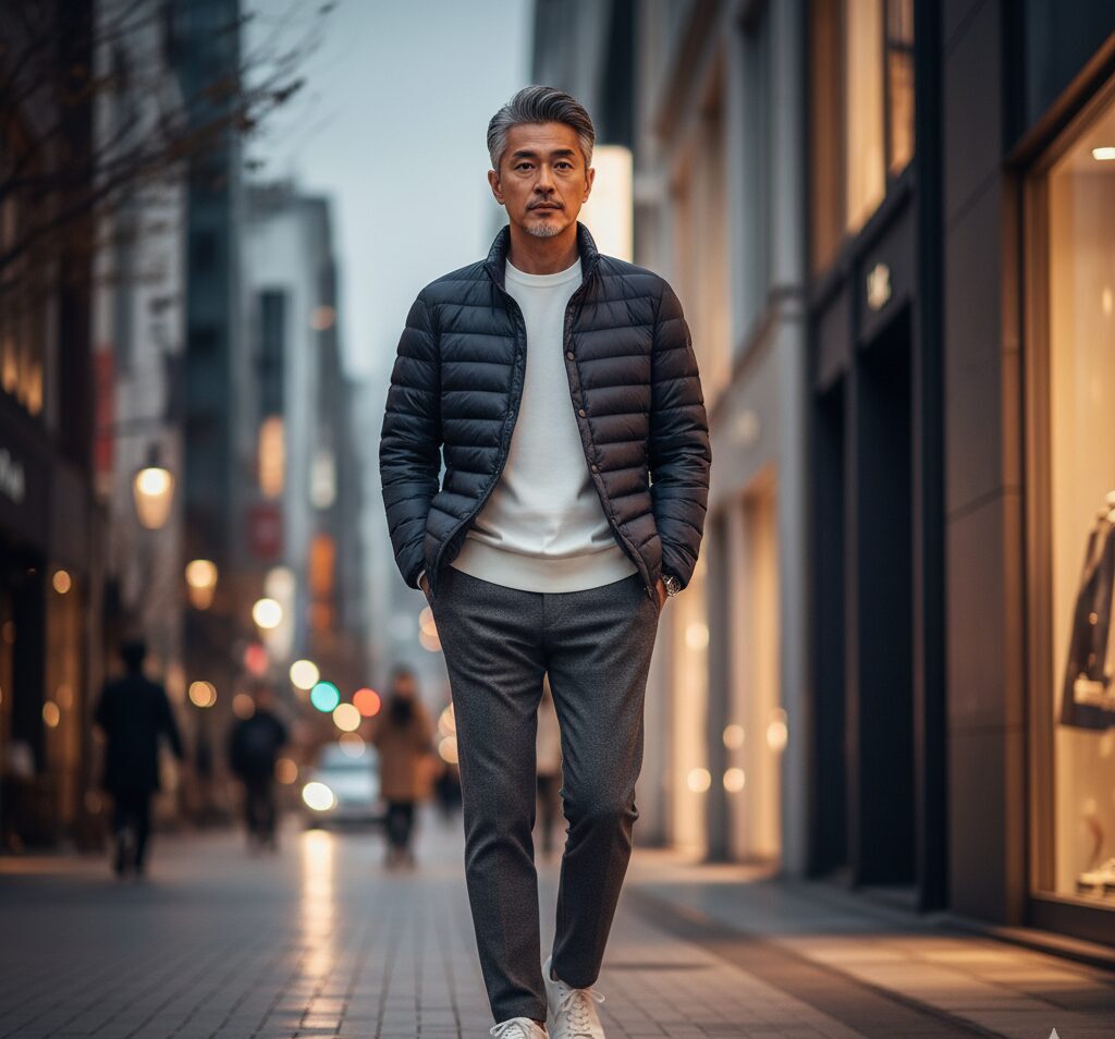 アウトドアブランドの軽量ダウンジャケットを、街着としてスタイリッシュに着こなす60代日本人男性