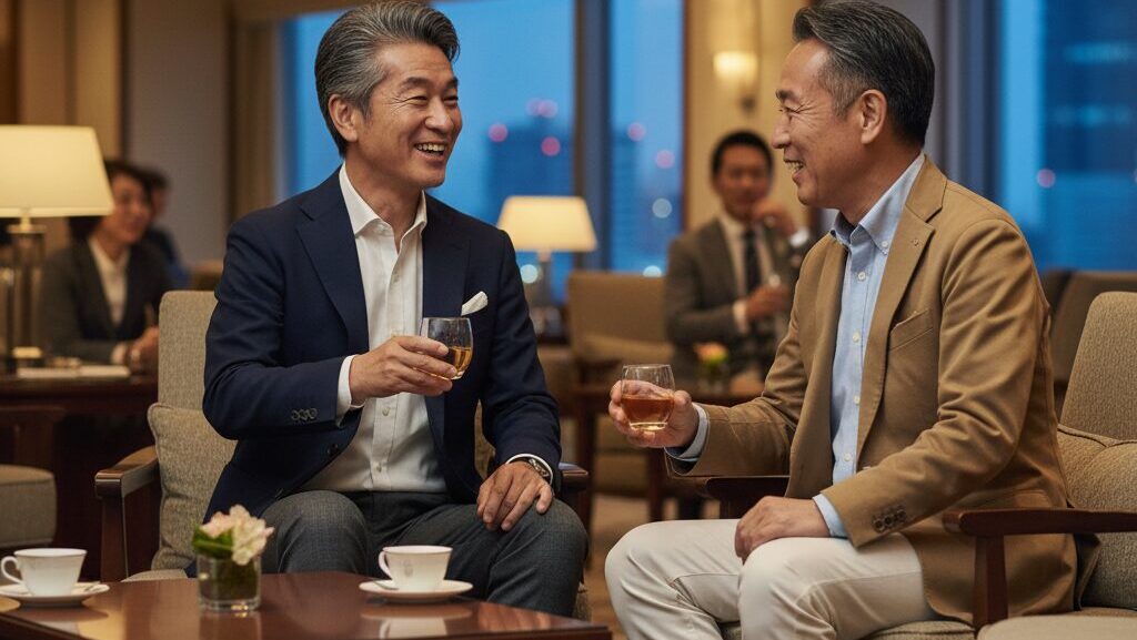 ホテルのラウンジで、上品なジャケパンスタイルの60代日本人男性が友人と談笑しているシーン