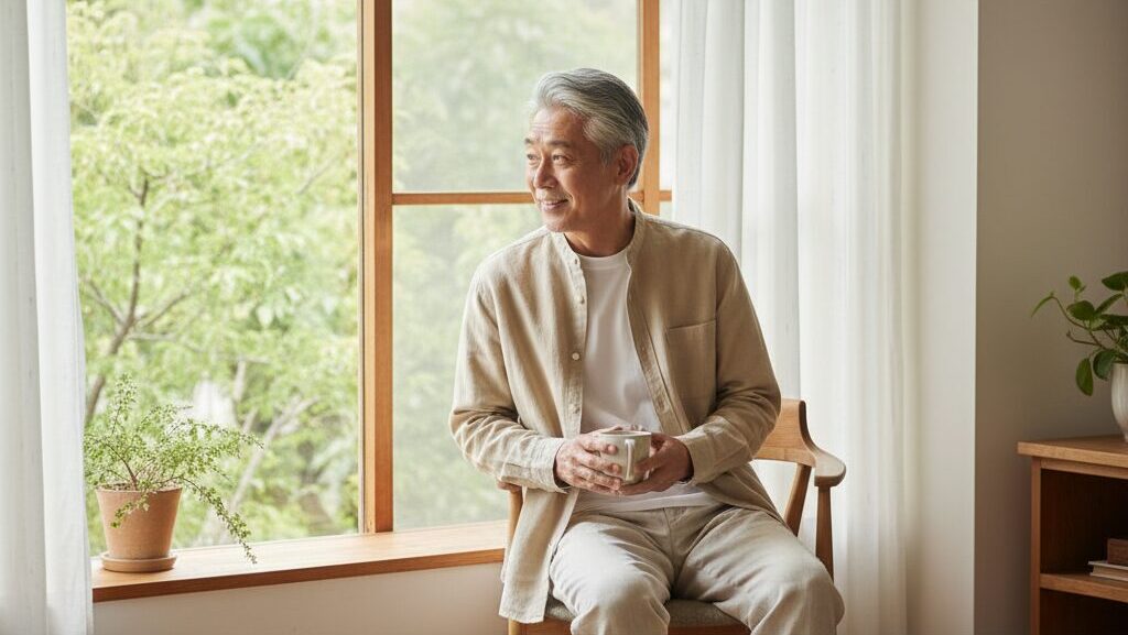 無印良品のスタンドカラーシャツを羽織り、窓辺でリラックスする60代日本人男性