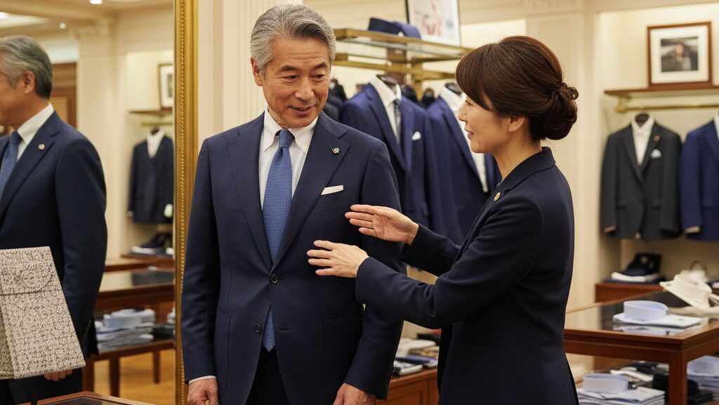 デパートの紳士服売り場で、専門の販売員に相談しながらジャケットを試着する60代日本人男性