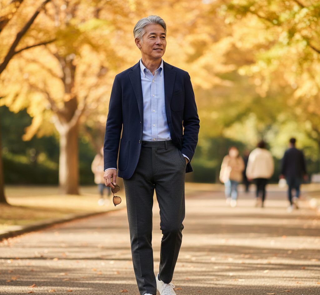 ユニクロのスマートアンクルパンツを履きこなし、公園を上品に散歩する60代日本人男性。