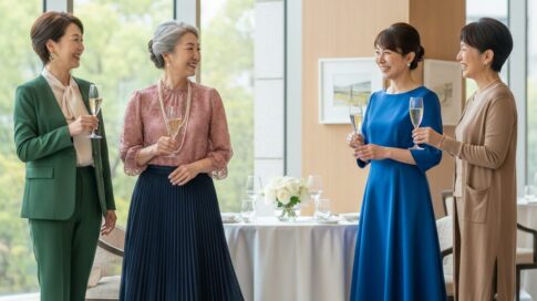 ホテルの窓際で笑顔でシャンパンを片手に会話を楽しむ60代の女性4人。それぞれがグリーン、ピンク、ブルー、ベージュの品のある同窓会ファッションを着こなしている。