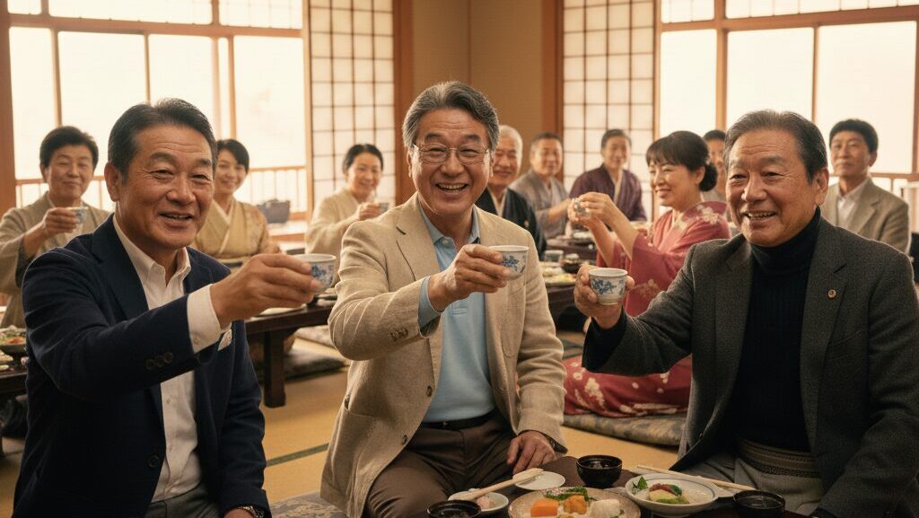 60代の同窓会で笑顔で乾杯する男女たち