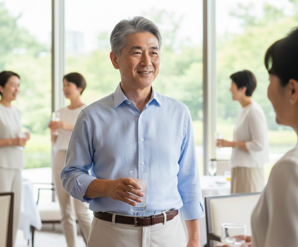 夏の同窓会でリネンシャツを着こなし、涼しげな表情で話す60代の日本人男性