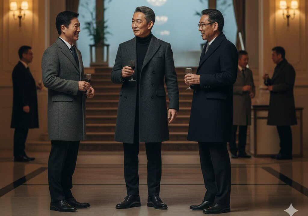 冬の同窓会でチェスターコートとタートルネックニットを着用し、上品な佇まいの60代日本人男性