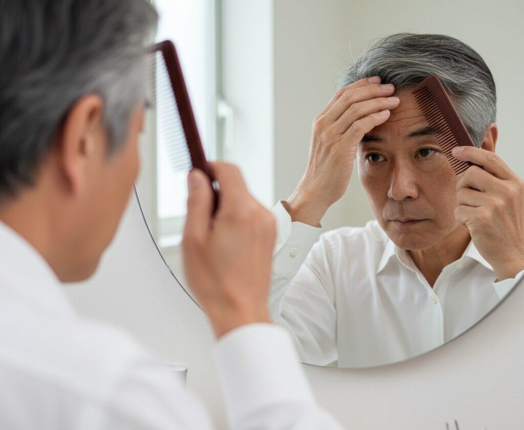 鏡の前で眉毛と髪型を整える60代の日本人男性の手元と顔の一部
