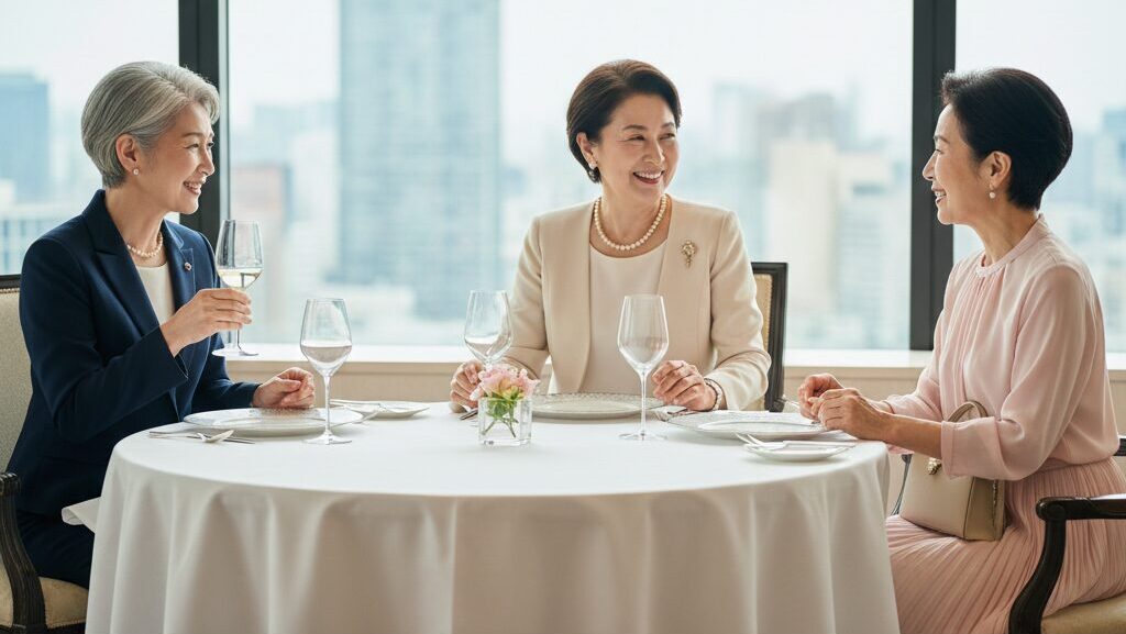 ホテルのレストランでテーブルを囲み、笑顔で会話を楽しむ60代の女性たち。一人はネイビーのセットアップ、一人はベージュのジャケット、一人はパステルピンクのブラウスを着ており、上品な装いで食事を楽しんでいる。
