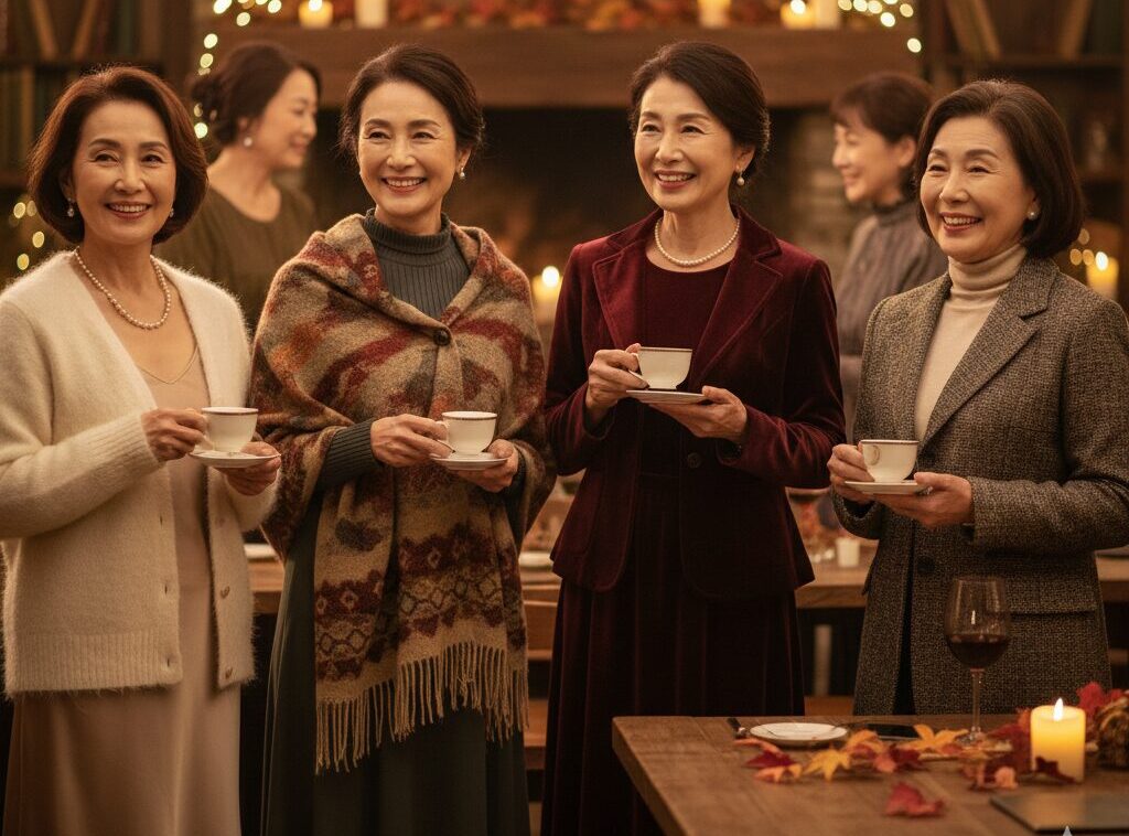 暖炉のある温かい雰囲気の会場で、ティーカップを片手に談笑する60代の女性たち。秋・冬の同窓会に適したウールやベロアなどの暖かみのある素材の服装をしている