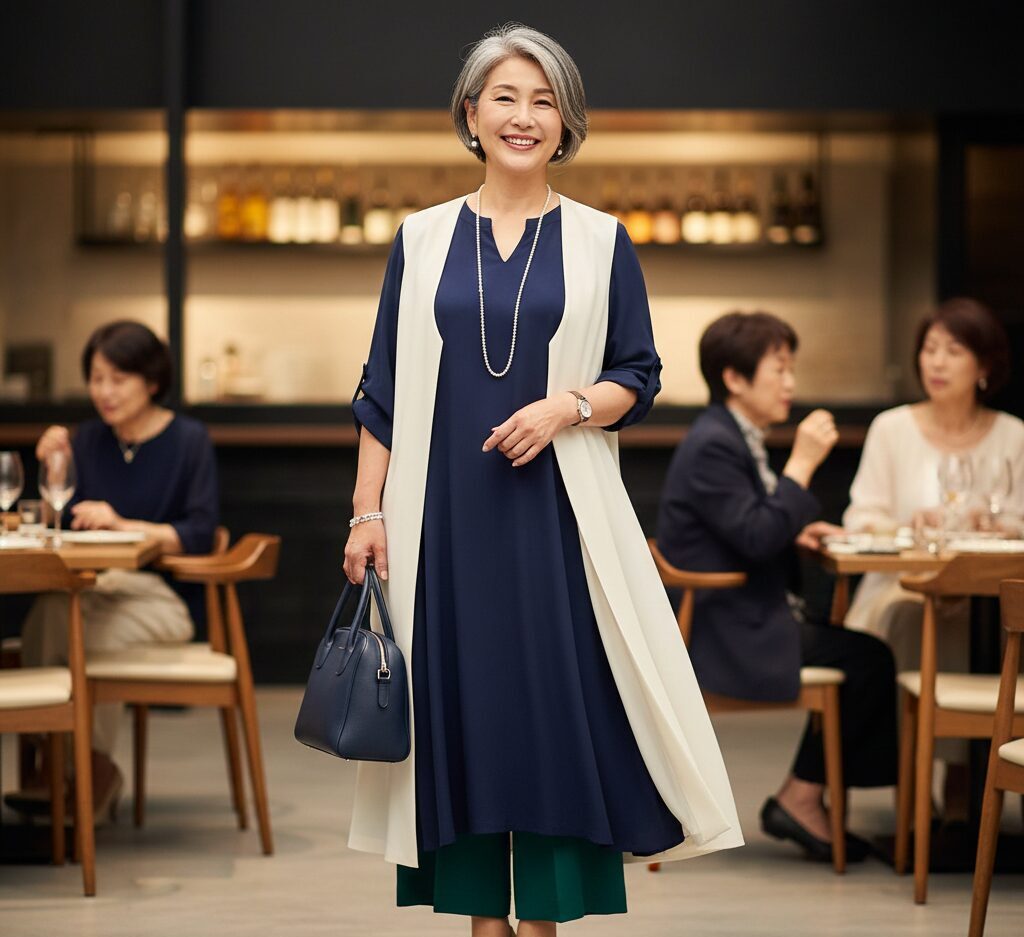 レストランでネイビーのワンピースと白いロングジレを着用し、縦のラインを強調した着痩せスタイルで笑顔を見せる60代の女性。手首と足首が見えるデザインで抜け感を出している。