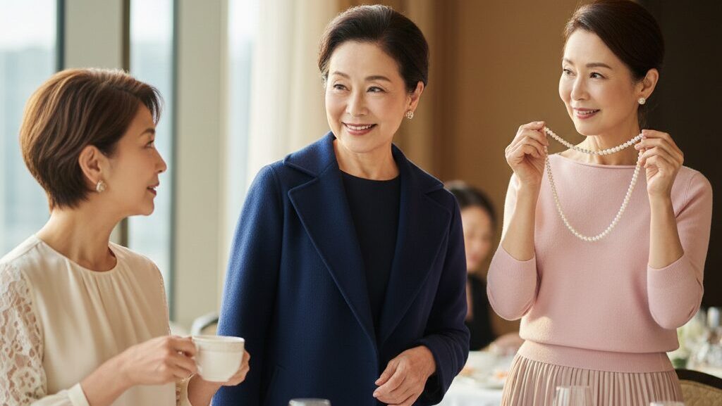 明るい窓際で談笑する3人の60代女性。一人はアイボリーのブラウス、もう一人はネイビーのコートにワンピース、そしてもう一人はピンクのトップスとプリーツスカートを着用し、パールネックレスを手にしている