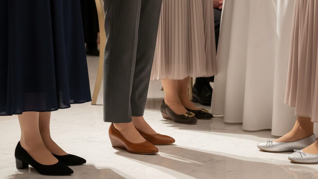 同窓会で立つ女性たちの足元をクローズアップ。それぞれがネイビーのスカートに黒のローヒールパンプス、グレーのパンツにブラウンのウェッジソール、プリーツスカートにゴールドのローヒールパンプス、プリーツスカートにシルバーのフラットシューズを履いている。