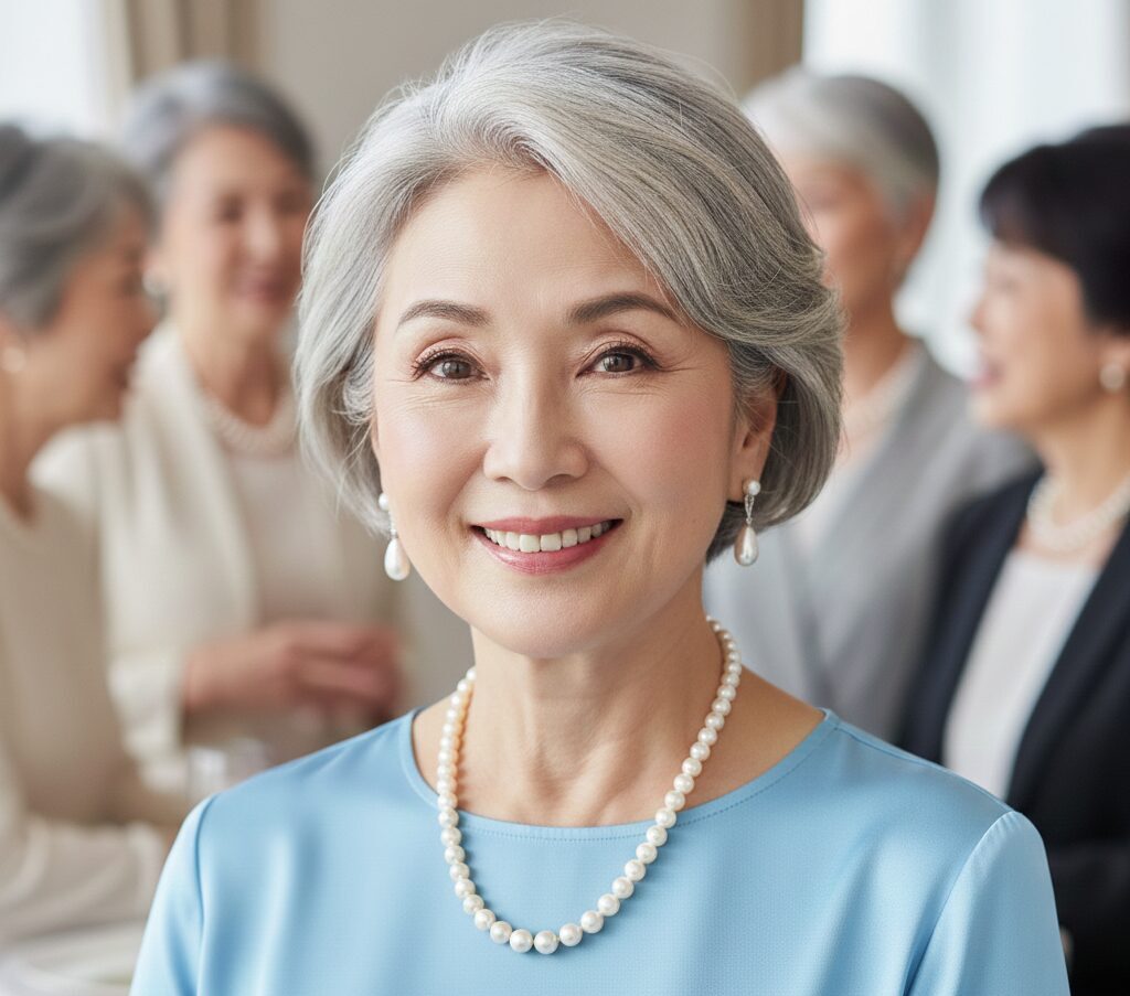 明るい水色のトップスに3連のパールネックレスとパールのイヤリングを着用した笑顔の60代日本人女性