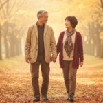 秋の公園で仲睦まじく手をつないで歩く60代の日本人カップル