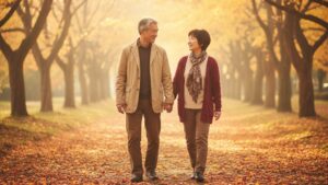 秋の公園で仲睦まじく手をつないで歩く60代の日本人カップル