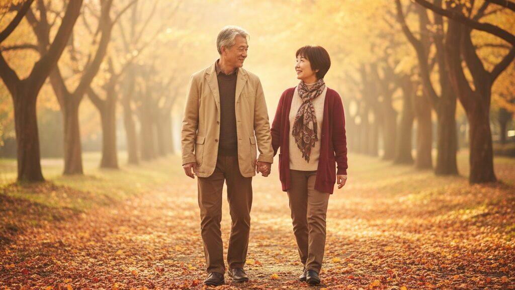 秋の公園で仲睦まじく手をつないで歩く60代の日本人カップル