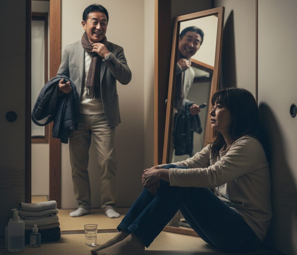 自宅で親の介護に疲れ果てて座り込む日本人女性と、その横で外出の準備をして楽しそうにしている親の対比。介護負担と自由の不公平感。