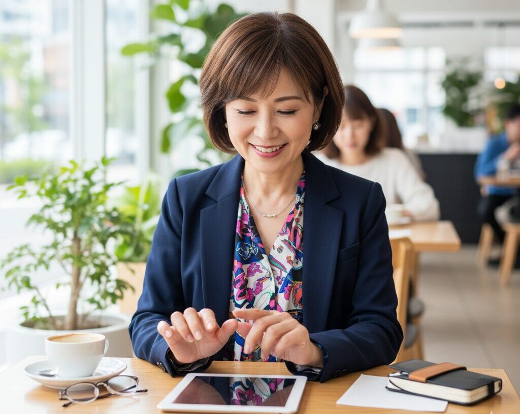 明るいカフェでタブレット端末を操作し、笑顔で情報を検索している若々しいファッションの60代日本人女性。活動的なシニアライフ。
